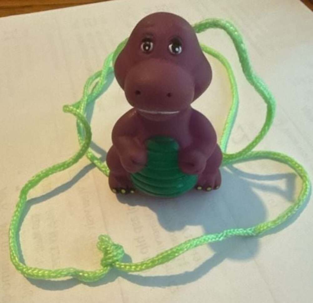 Vintage 90s Barney the Dinosaur Necklace Pendant with Green Cord